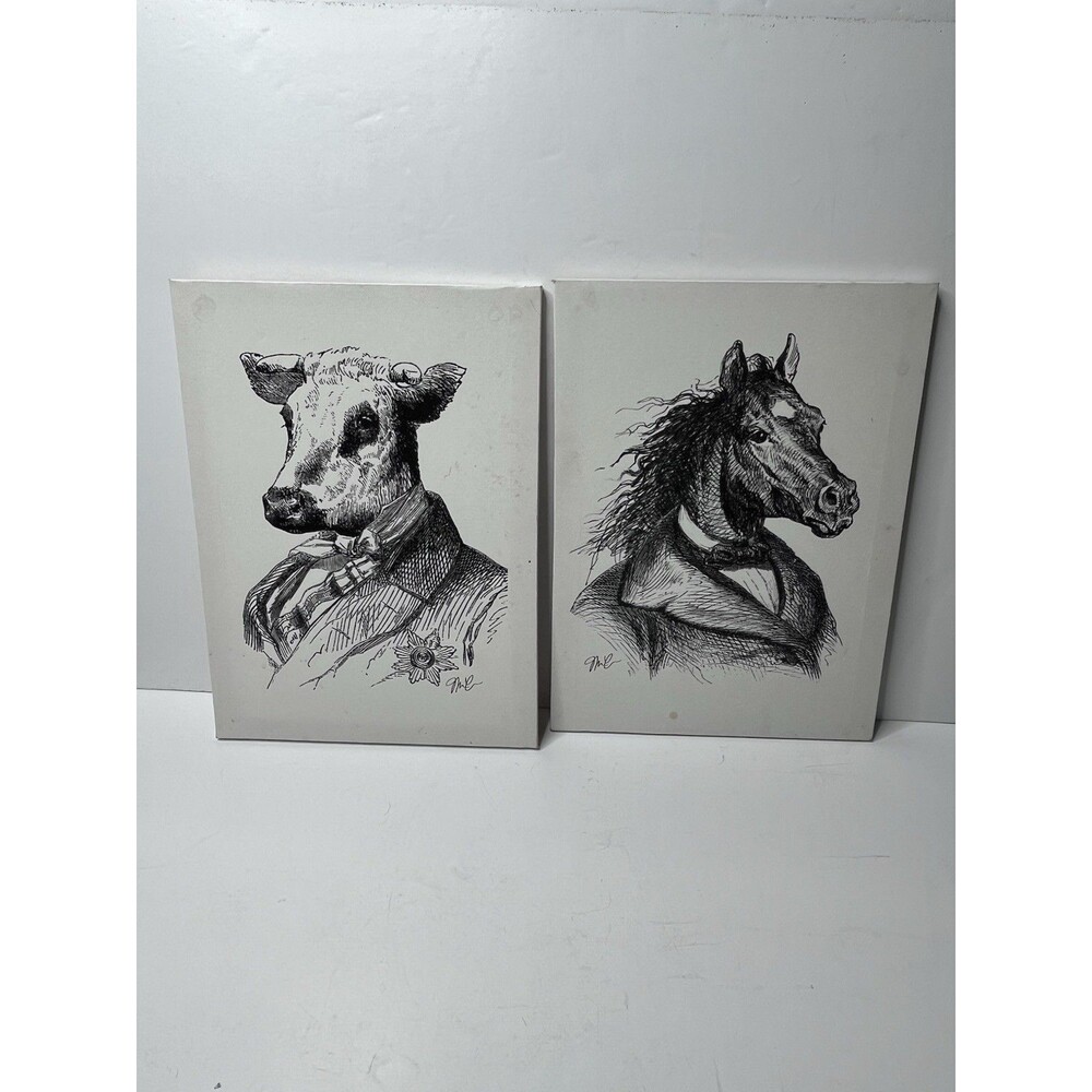 Set Of 2 Anthropomorphic Cow Horse Victorian Portrait Print On Canvas 13x10”